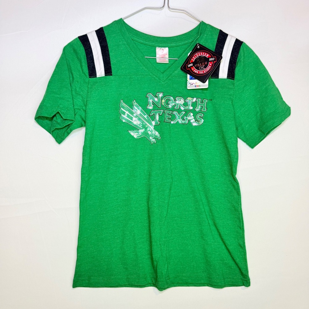 Colosseum North Texas Mean Green Girls Green Sequin Football Tee Shirt L 10-12